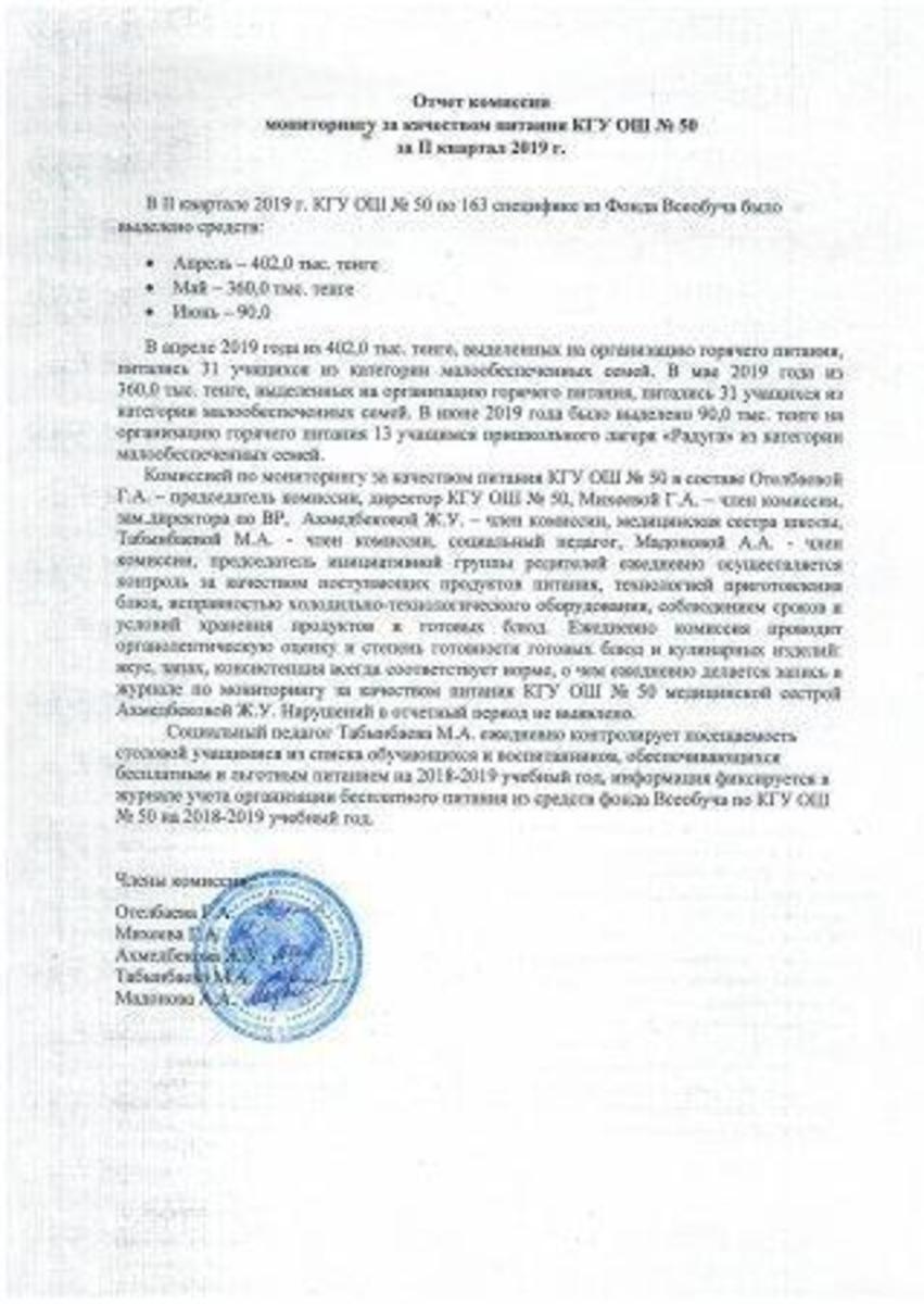 Отчет комиссии по мониторингу за качеством питания за 2 квартал 2019г.