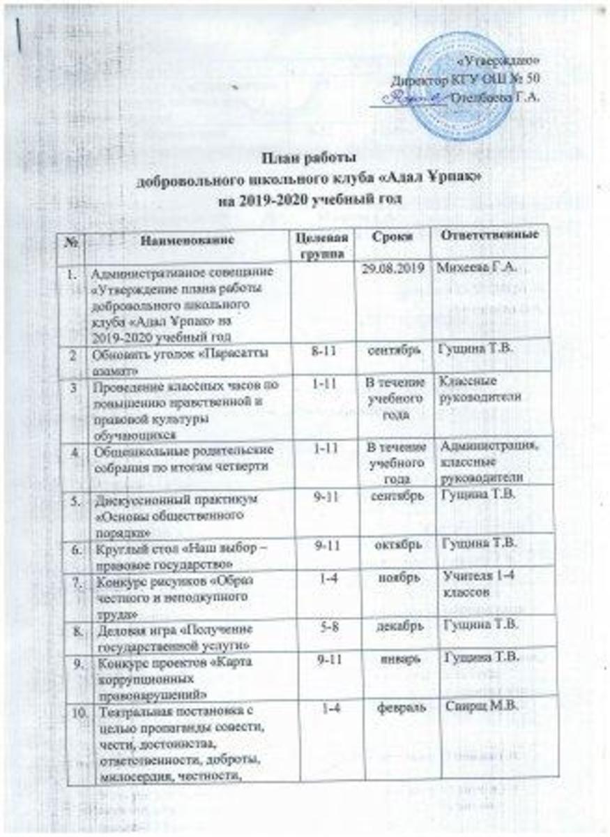 План работы добровольного клуба "Адал Ұрпақ"