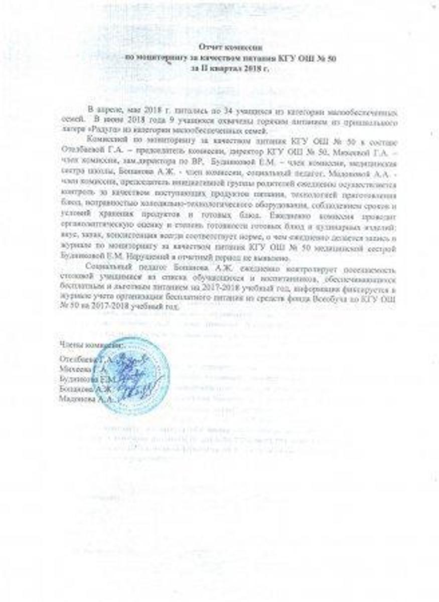 Отчет по мониторингу за качеством питания за 2 квартал 2018г.