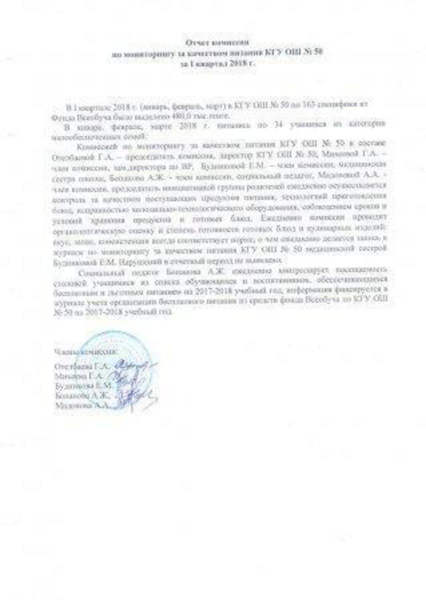 Отчет по мониторингу за качеством питания за 1 квартал 2018г.