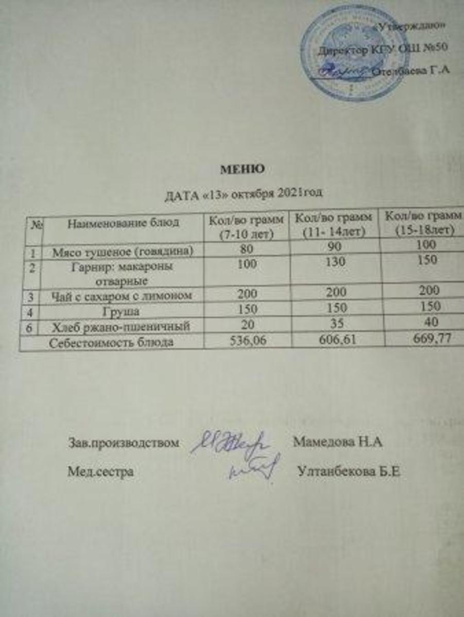 Меню на 13 октября 2021г.