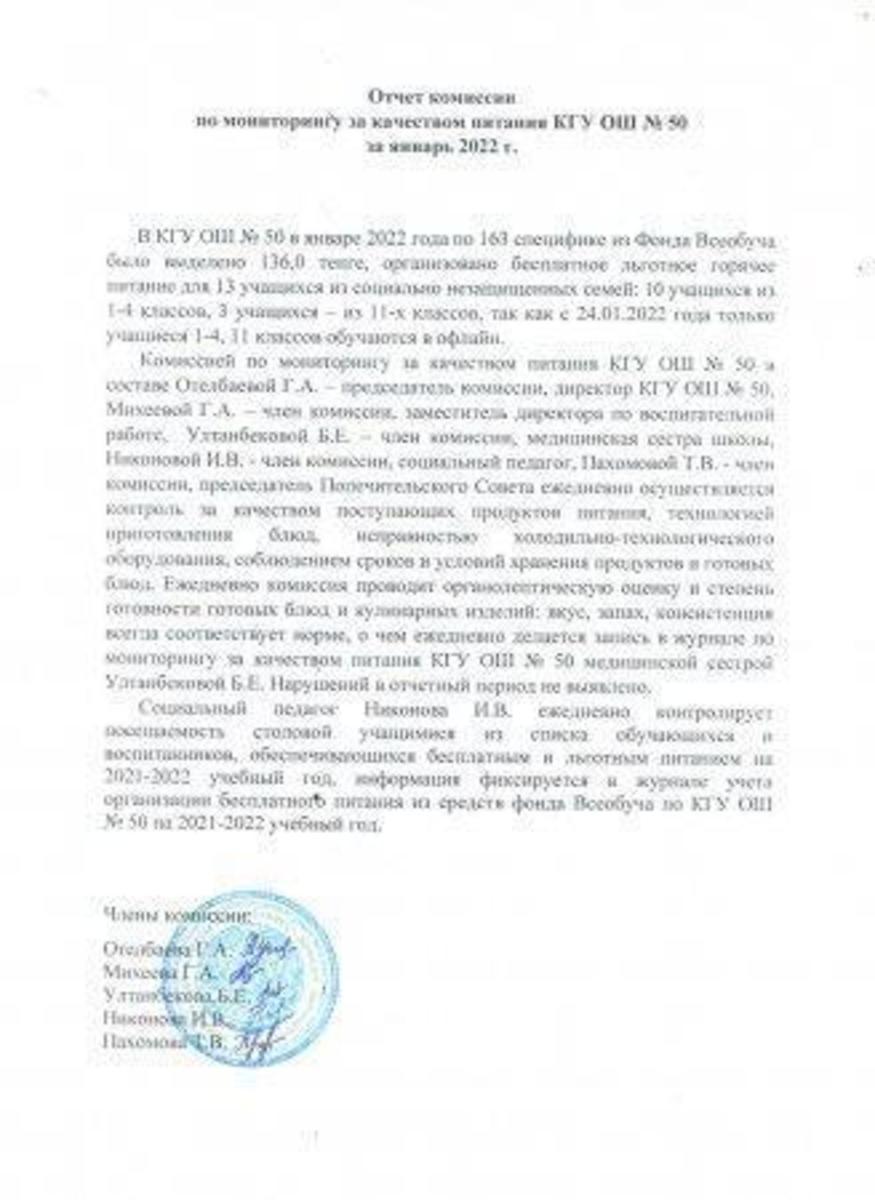 2022 жылғы қаңтардағы Тамақтану мониторингі жөніндегі комиссияның есебі. Отчет комиссии по мониторингу за качеством питания за январь 2022г.