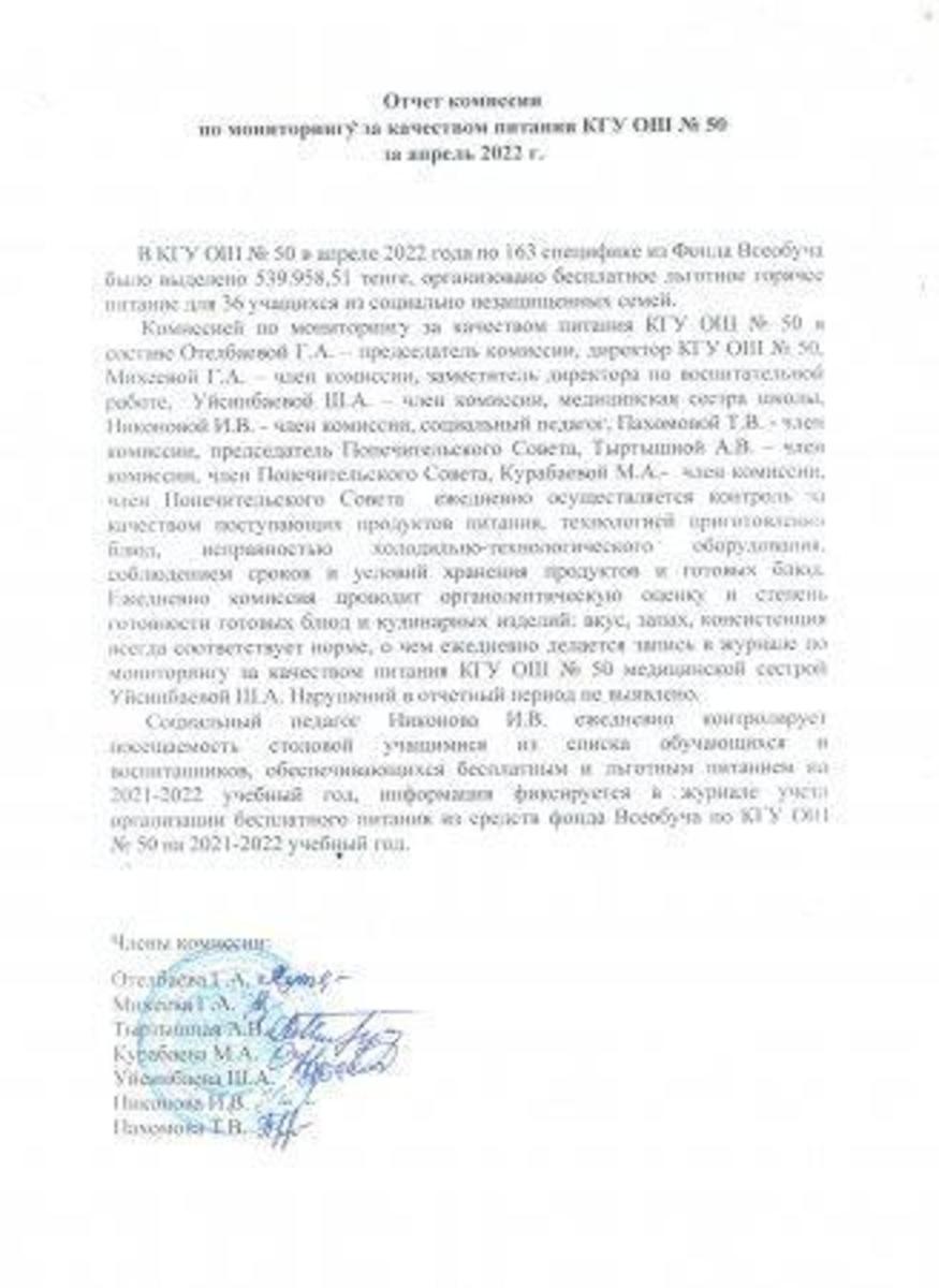 Сәуір 2022 Тамақтану мониторингі жөніндегі комиссияның есебі. Отчет комиссии по мониторингу за качеством питания за апрель 2022г.