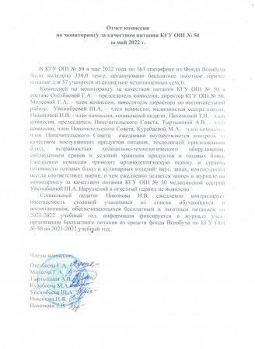 Тамақтану мониторингі жөніндегі комиссияның 2022 жылғы мамырдағы есебі. Отчет комиссии по мониторингу за качеством питания за май 2022г.