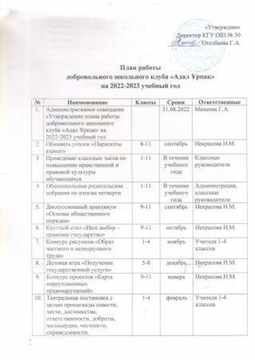 «Адал ұрпақ» ерікті мектеп клубының жұмыс жоспары. План работы добровольного школьного клуба "Адал Ұрпақ"