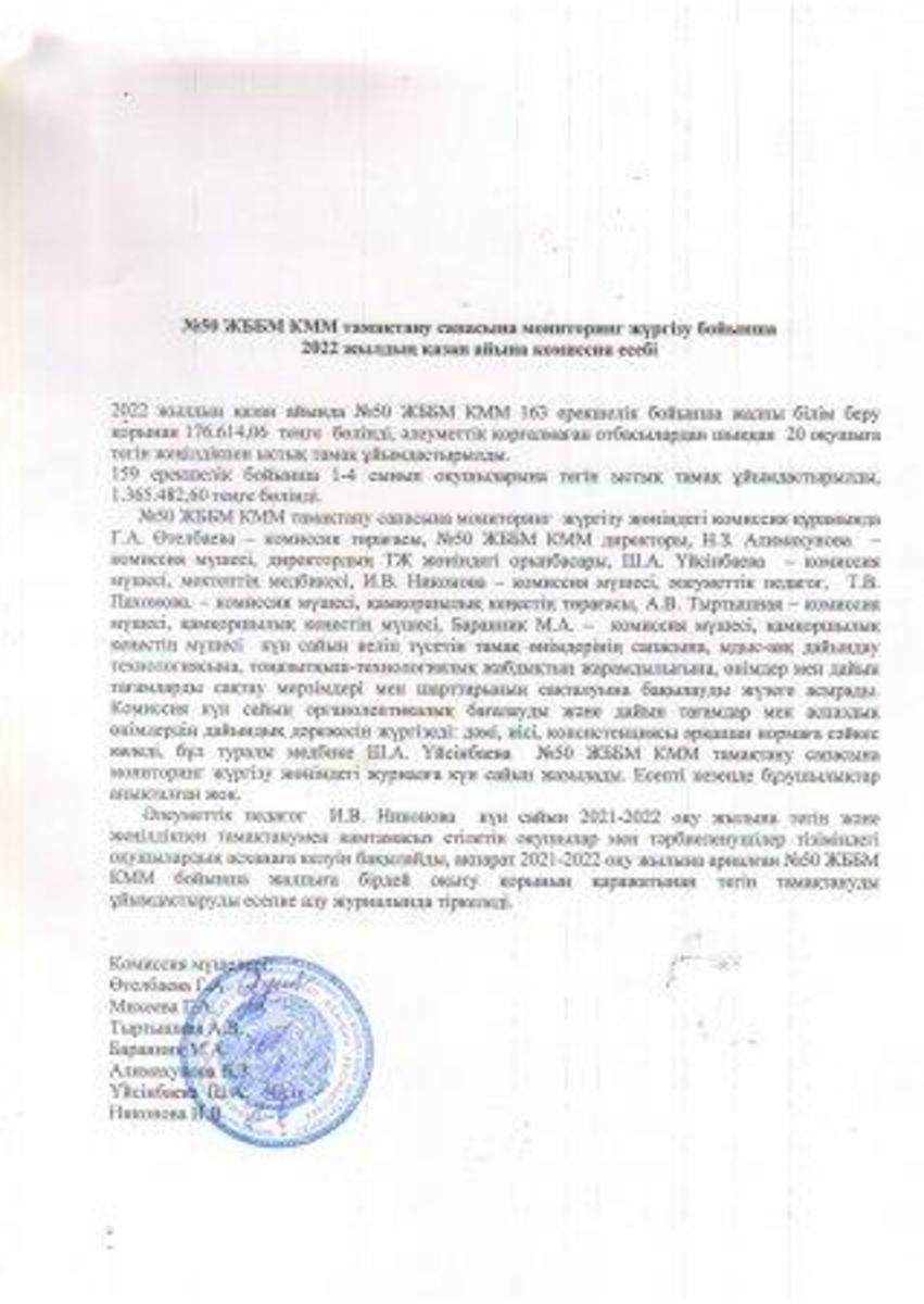 Тамақтану мониторингі жөніндегі комиссияның 2022 жылғы қазандағы есебі
